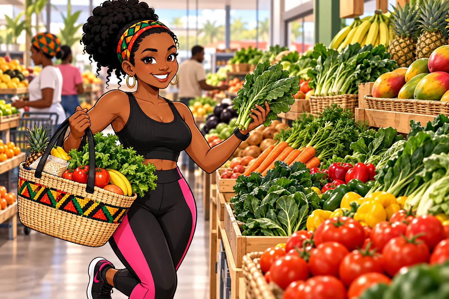 MISS MWANGOLE escolhe alimentos frescos durante as compras